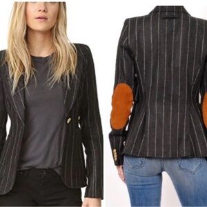 Smythe Linen Black Pinstripe Blazer with Tan Elbow Patches